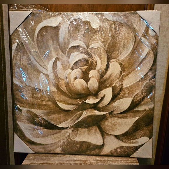None Other - NWT Grey & White Floral Canvas w/ White Paint Accents,  In Plastic,  25" X 25"